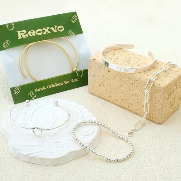 14K Gold Plated Bangle Cuff Bracelets for Women Non Tarnish Gold Bracelet Stack - Picture 6 of 6